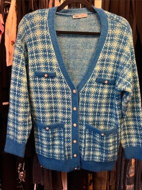 Zara Blue and Cream Plaid Button Cardigan